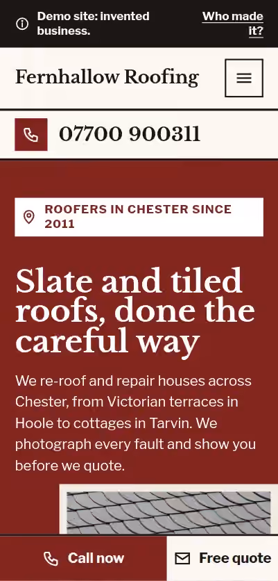 The first screen of the Fernhallow Roofing demo site on a phone