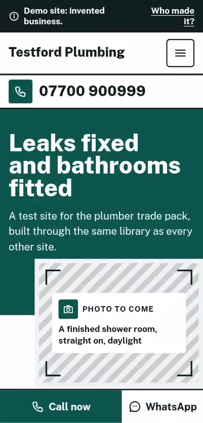 The first screen of the Testford Plumbing demo site on a phone